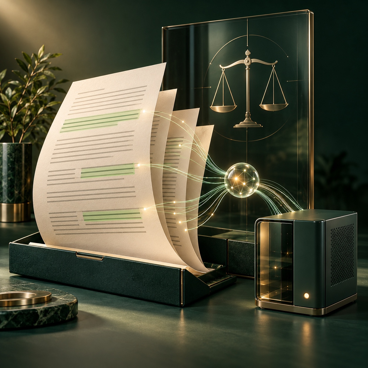 Illustration of legal documents linked through an AI reasoning network to a compact local computer, with a glass justice motif in the background.